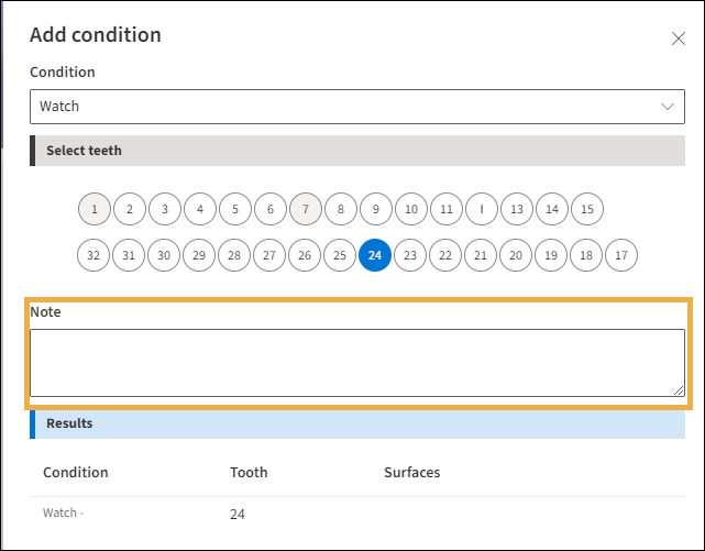 Add Condition window with yellow highlight box around the Note textbox.